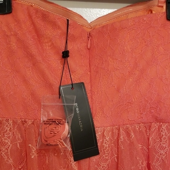 💕BCBGMAXAZRIA💕 Coral Strapless Lace Tiered Dress - Picture 7 of 8
